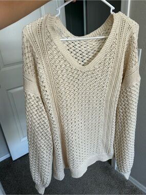 Open-Knit V-Neck Sweater in Cream